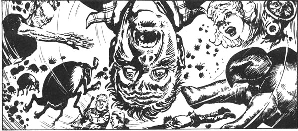 En esta representación de la vorágine de recuerdos de Juan Salvo se pueden apreciar algunas imágenes de cascarudos a la izquierda del rostro de Juan